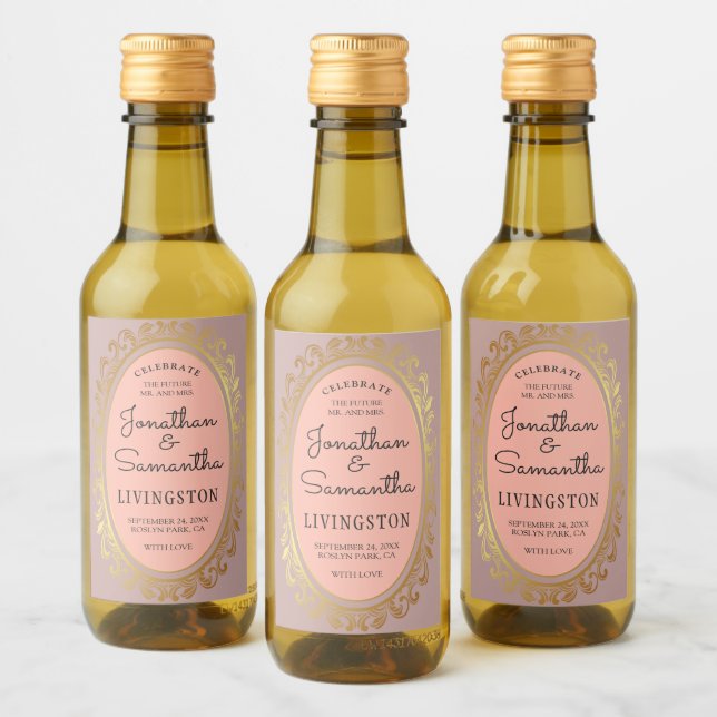 Mr and Mrs Gold Wreath Couples Shower Rose Wine Label (Bottles)