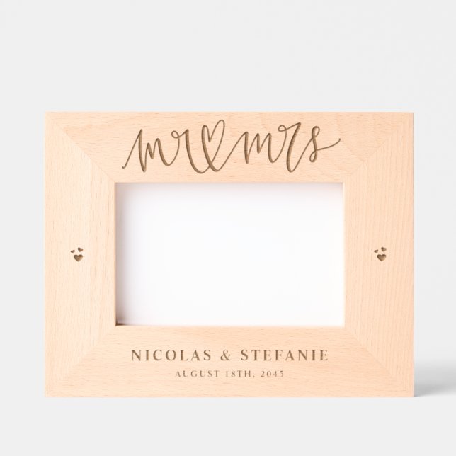 Mr. and Mrs. Heart Calligraphy Wedding Photo Etched Frames (Front)