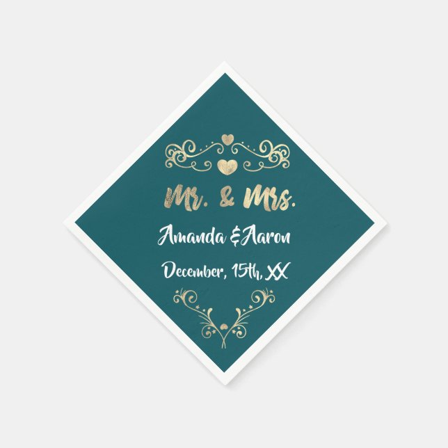 Mr. and Mrs. Heart teal Aqua White Champaigne Gold Napkin (Corner)