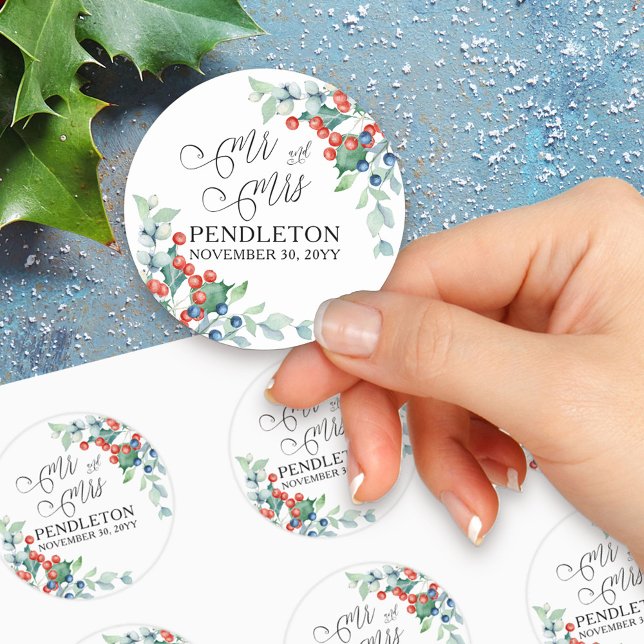 Mr and Mrs Holly and Berries Winter Wedding Classic Round Sticker (Mr and Mrs winter wedding sticker with elegant calligraphy and holly)