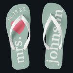 Mr. and Mrs. Honeymoon Heart - Teal pink Thongs<br><div class="desc">A perfect design for a beach wedding or for the honeymoon. Change the Mrs. to Mr. to make a coordinating pair. Custom text with solid pink background.</div>