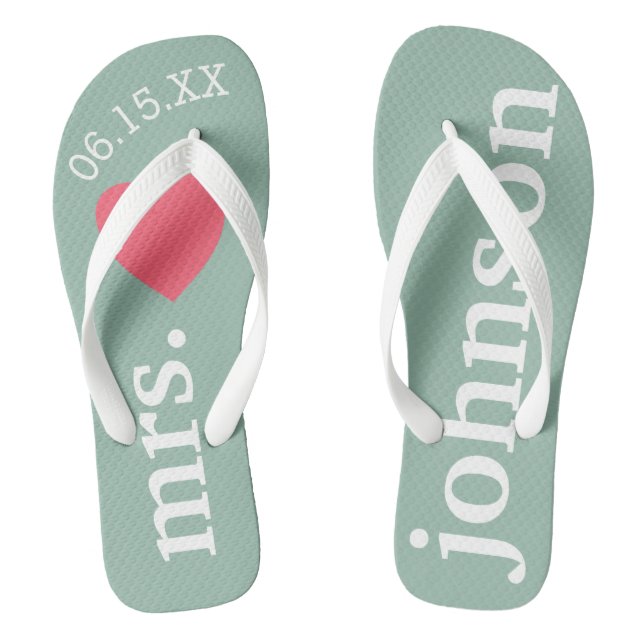 Mr. and Mrs. Honeymoon Heart - Teal pink Thongs (Footbed)