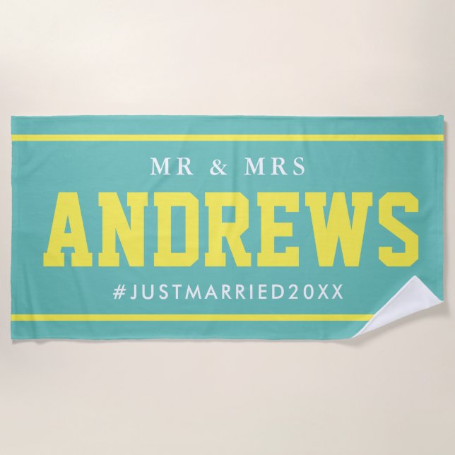 Mr and Mrs Just Married honeymoon wedding gift Beach Towel (Front)