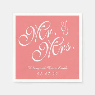 Mr. and Mrs. Light Coral Wedding Paper Napkins