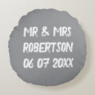 Mr and Mrs light grey vintage typography Round Cushion