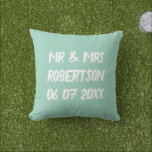 Mr and Mrs light teal vintage typography Cushion<br><div class="desc">Mr and Mrs light teal vintage typography Outdoor Pillow. Personalized cushions for outside chair, sofa or bed. Fun vintage design with date of marriage and name of newly wed couple. Cute home decor personalized for bride and groom / husband and wife. Romantic rustic wedding presents for newlyweds. Decorative decorations for...</div>