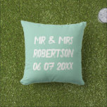 Mr and Mrs light teal vintage typography Cushion<br><div class="desc">Mr and Mrs light teal vintage typography Outdoor Pillow. Personalized cushions for outside chair, sofa or bed. Fun vintage design with date of marriage and name of newly wed couple. Cute home decor personalized for bride and groom / husband and wife. Romantic rustic wedding presents for newlyweds. Decorative decorations for...</div>