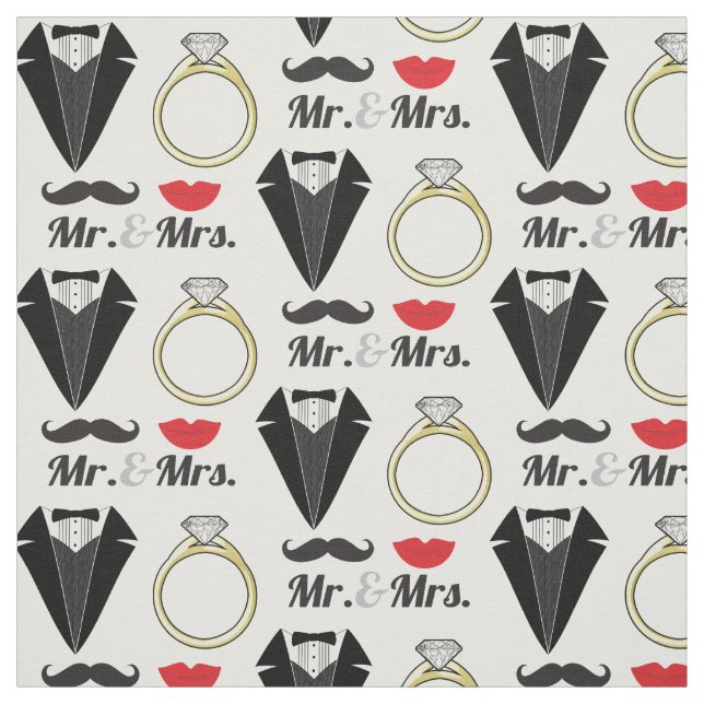 Mr. and Mrs. Lips Moustache Ring Tuxedo Wedding Fabric (Swatch)