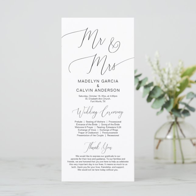 Mr and Mrs, modern classy Wedding Ceremony Program (Standing Front)