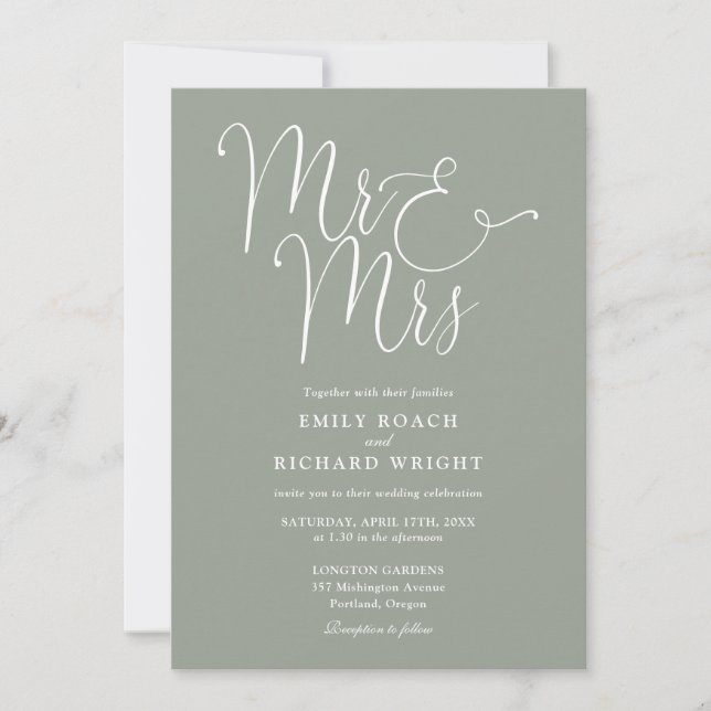 Mr And Mrs Modern QR Code Sage Green Wedding Invitation (Front)