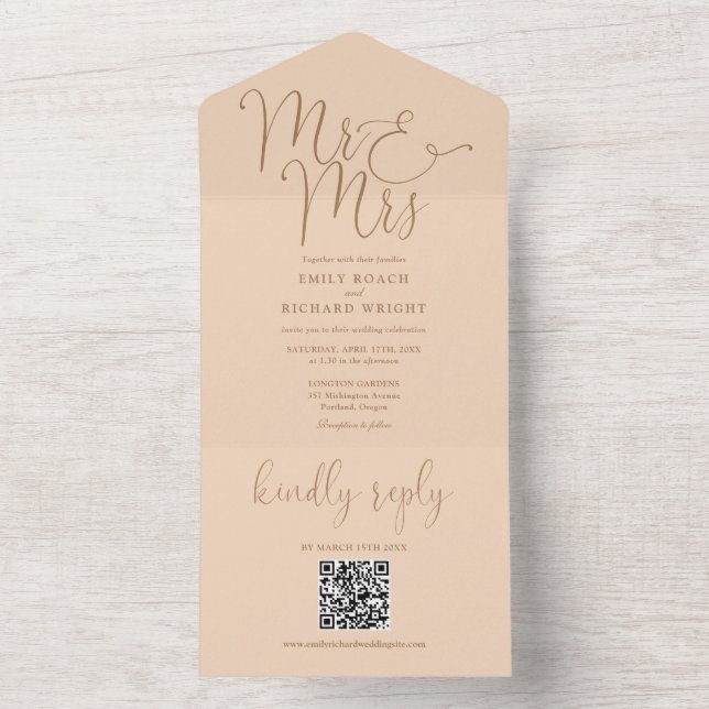 Mr And Mrs Modern QR Code Soft Peach Wedding All In One Invitation (Inside)