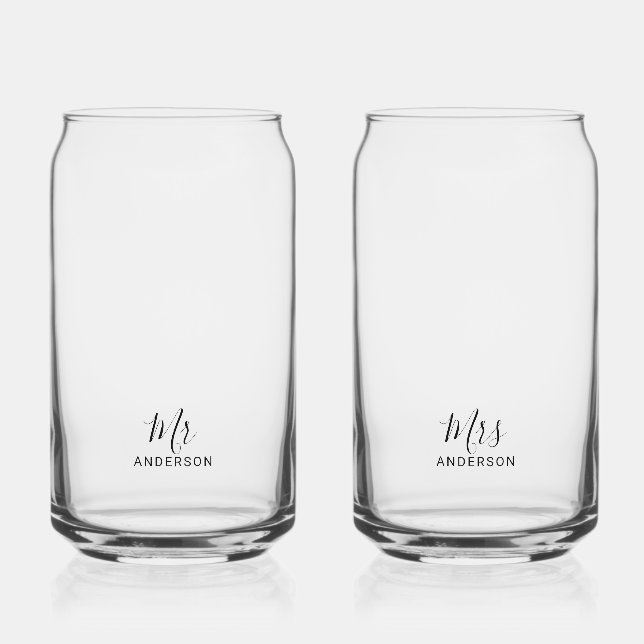 Mr and Mrs | Modern Script Personalised Can Glass (Front)