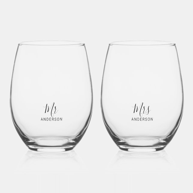 Mr and Mrs | Modern Script Personalised Stemless Wine Glass (Front)