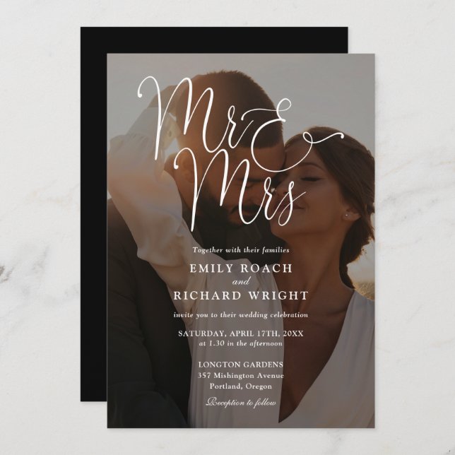 Mr And Mrs Modern Script QR Code Photo Wedding Invitation (Front/Back)