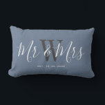 Mr And Mrs Modern Script Typography Personalised  Lumbar Cushion<br><div class="desc">Welcome friends and family to your home with this Mr And Mrs Newlyweds Script Typography Personalised Lumbar Pillow. It is an elegant design with a modern dusty blue background. The centre has bride and groom's last name monogram letter in light grey. The text is "mr and mrs" in white trendy...</div>