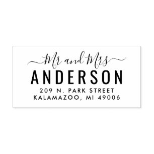 Mr and Mrs Modern Script Wedding Return Address Rubber Stamp
