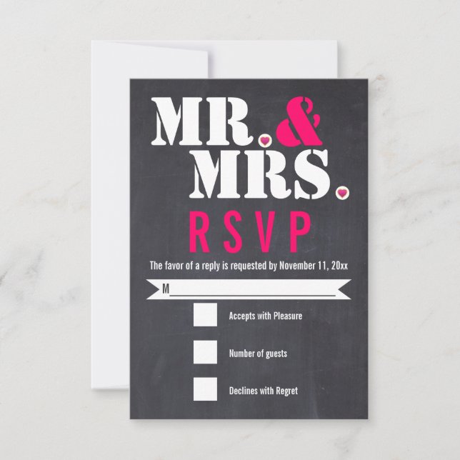Mr. and Mrs. Modern typography black pink RSVP Card (Front)