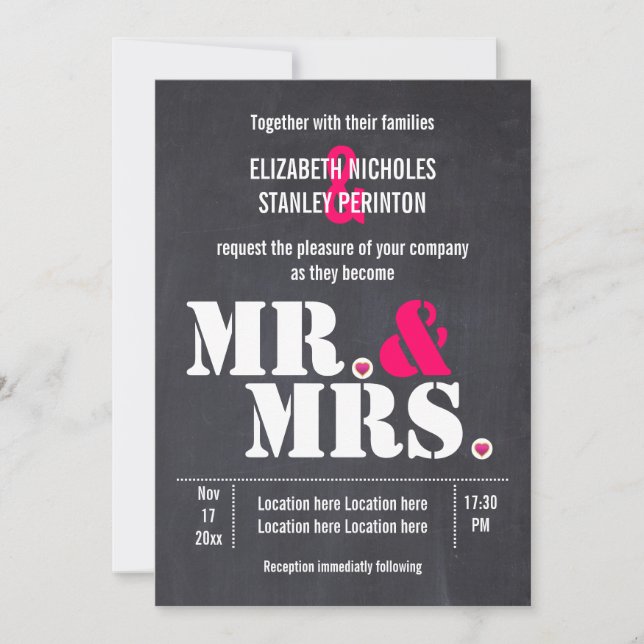 Mr. and Mrs. Modern typography black pink wedding Invitation (Front)
