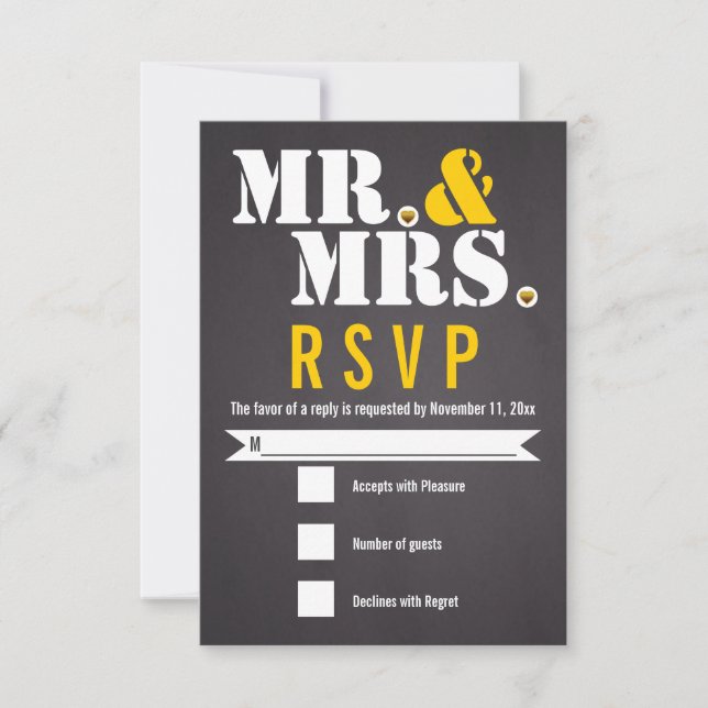 Mr. and Mrs. Modern typography black, yellow RSVP Card (Front)