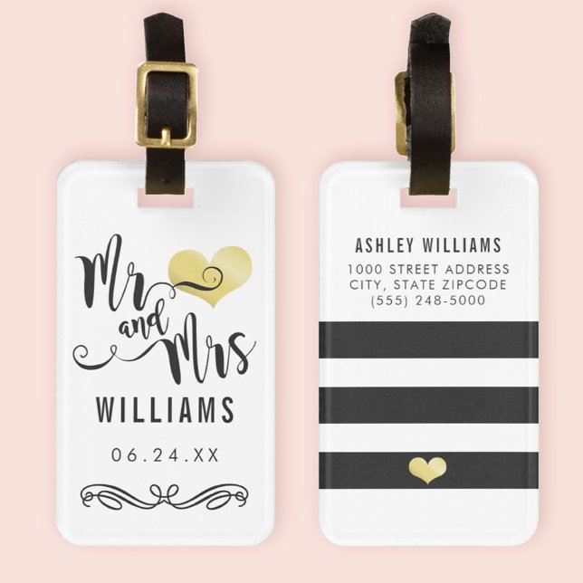Mr and Mrs Monogram Black Gold Wedding Newlywed Luggage Tag (Creator Uploaded)