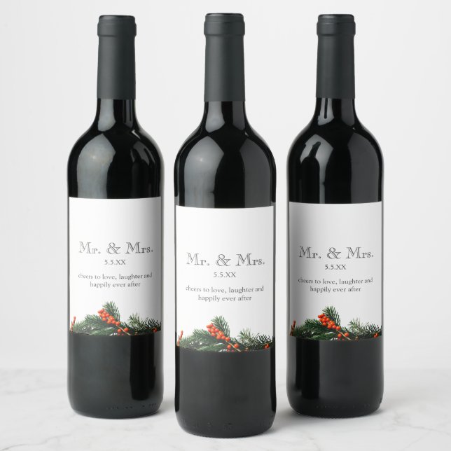 Mr and Mrs Monogram Pine with Berries Wedding  Wine Label (Bottles)