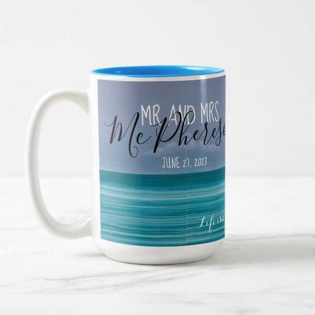 Mr and Mrs Moonlit beach wedding theme Two-Tone Coffee Mug (Left)
