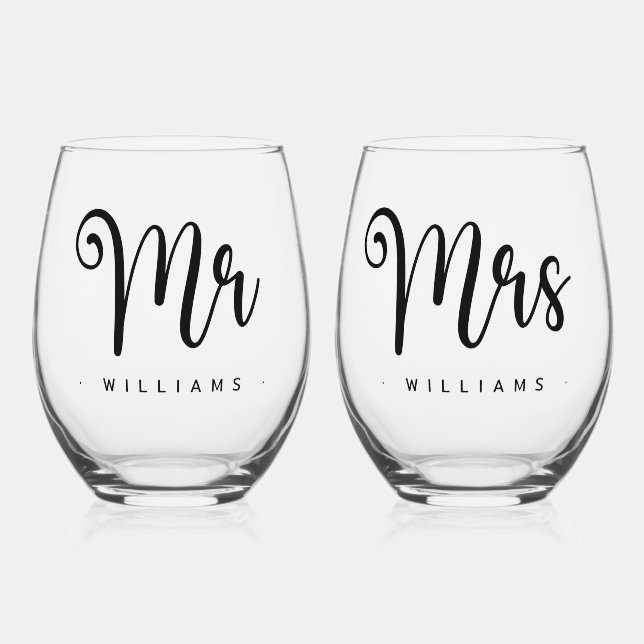 Mr and Mrs name calligraphy cute script wedding Stemless Wine Glass (Front)