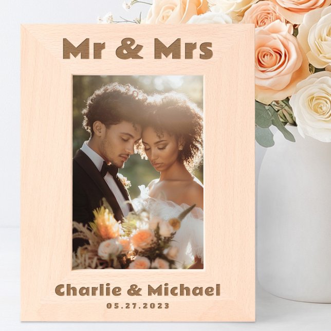 Mr and Mrs names date retro font wedding Etched Frames (Mr and Mrs names date retro font wedding Etched Frames)