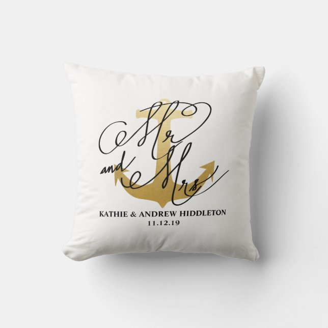 Mr And Mrs Nautical Anchor Faux Gold Foil Wedding Cushion (Front)