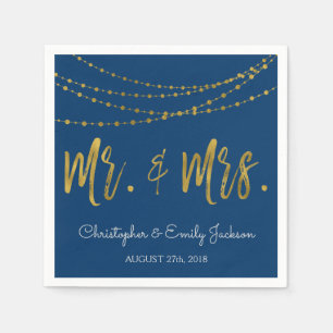 Mr. and Mrs.Navy Blue and Gold Foil String Lights Napkin
