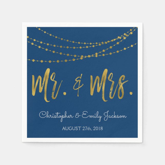 Mr. and Mrs.Navy Blue and Gold Foil String Lights Napkin (Front)