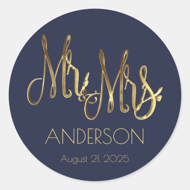 Mr. and Mrs. Navy Blue Faux Gold Foil Typography Classic Round Sticker (Front)