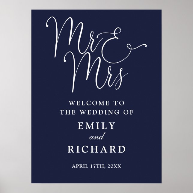 Mr And Mrs Navy Blue Wedding Welcome Sign (Front)