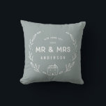 Mr and Mrs new home Cushion<br><div class="desc">Mr and Mrs new home or newly wed cushion. Hand drawn floral and little house details. Background color can be altered.</div>