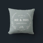 Mr and Mrs new home Cushion<br><div class="desc">Mr and Mrs new home or newly wed cushion. Hand drawn floral and little house details. Background color can be altered.</div>