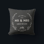 Mr and Mrs new home Cushion<br><div class="desc">Mr and Mrs new home or newly wed cushion. Hand drawn floral and little house details. Background colour can be altered.</div>