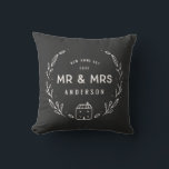 Mr and Mrs new home Cushion<br><div class="desc">Mr and Mrs new home or newly wed cushion. Hand drawn floral and little house details. Background colour can be altered.</div>