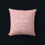 Mr and Mrs new home Cushion<br><div class="desc">Mr and Mrs new home or newly wed cushion. Hand drawn floral and little house details. Background colour can be altered.</div>