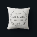 Mr and Mrs new home Cushion<br><div class="desc">Mr and Mrs new home or newly wed cushion. Hand drawn floral and little house details. Background colour can be altered.</div>