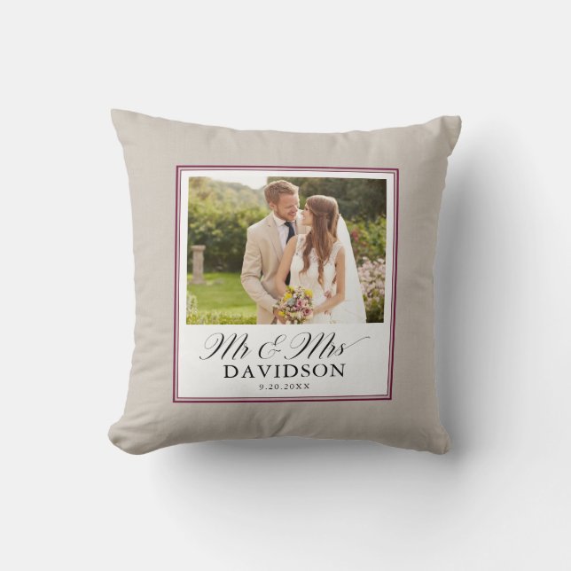 Mr and Mrs Newlywed Elegant Script Photo  Cushion (Front)
