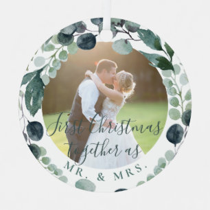 Mr and Mrs newlywed first Christmas wedding photo  Metal Tree Decoration