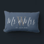 Mr And Mrs Newlyweds Navy Blue Script Monogram Lumbar Cushion<br><div class="desc">Welcome friends and family to your home with this Mr And Mrs Newlyweds Navy Blue Script Monogram Lumbar Pillow. It is an elegant design with a modern dusty blue background. The centre has bride and groom's last name monogram letter in light grey. The text is "mr and mrs" in white...</div>