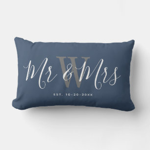 Mr And Mrs Newlyweds Navy Blue Script Monogram Lumbar Cushion