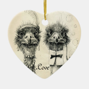 Mr. and Mrs. Ostrich Ceramic Ornament
