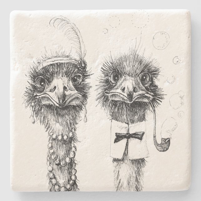 Mr. and Mrs. Ostrich Fancy  wedding couple Stone Coaster (Front)