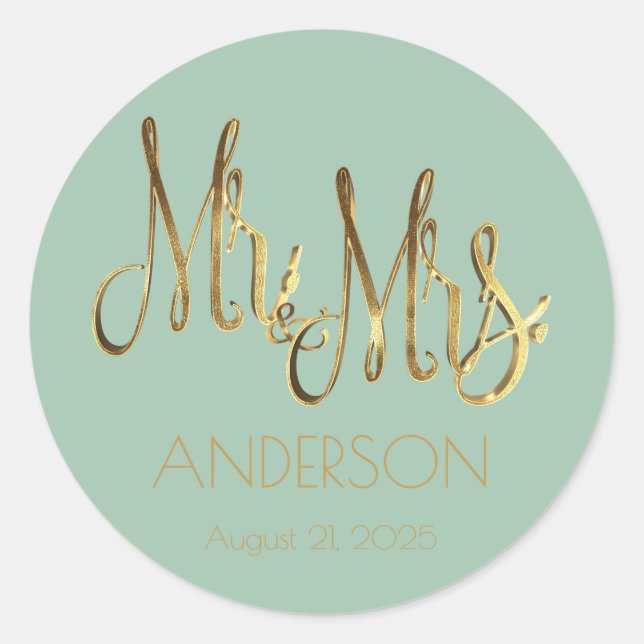 Mr. and Mrs. Pale Mint Faux Gold Foil Typography Classic Round Sticker (Front)