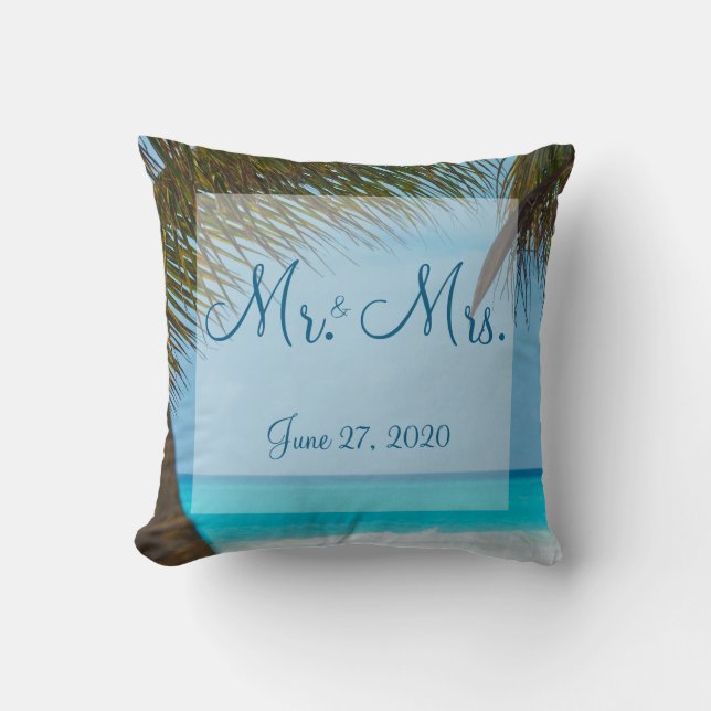 Mr. and Mrs. Palm Trees On Beach Wedding Pillows (Front)
