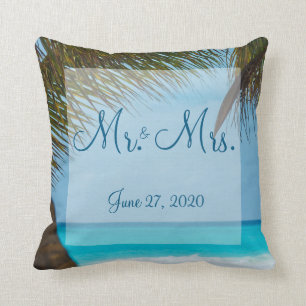 Mr. and Mrs. Palm Trees On Beach Wedding Pillows