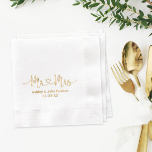 Mr and Mrs Personalised Heart Script Wedding Foil Napkins