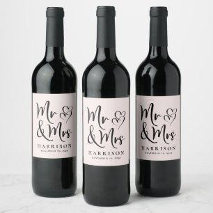 Mr and Mrs Personalised Pink Wedding Wine Label